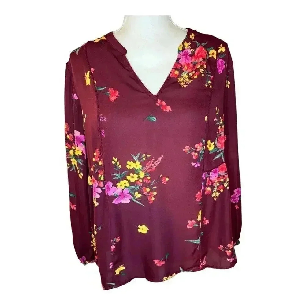 Old Navy Women’s Large Burgundy Floral-Print Popover V-Neck Tunic Shirt